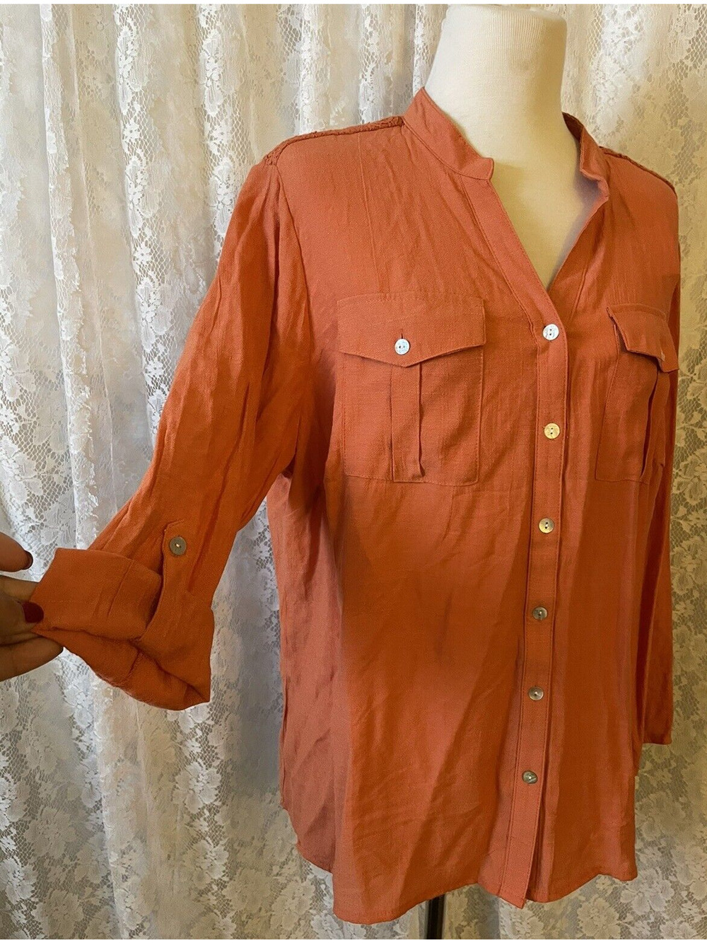 notations women's Orange long sleeve botton up tops 1x new